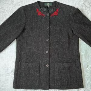 Orvis Vintage Womens Wool Jacket Red Floral Embroidered Neckline Gray USA Small